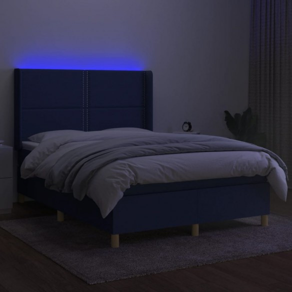 Cadre de lit matelas et LED Bleu 140x200 cm Tissu