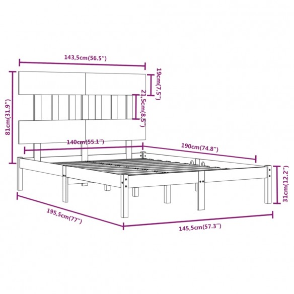 Cadre de lit Bois massif 140x190 cm