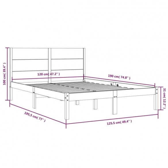 Cadre de lit Noir Bois massif 120x190 cm Petit Double