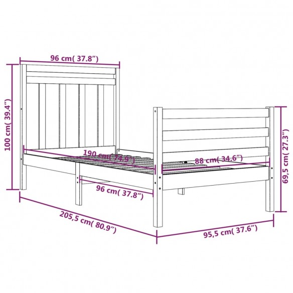 Cadre de lit Marron miel Bois massif 90x200 cm