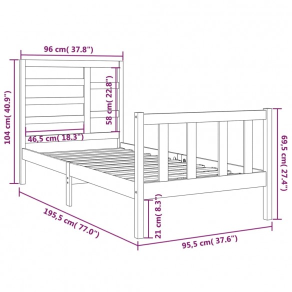 Cadre de lit Blanc Bois massif 90x190 cm Simple