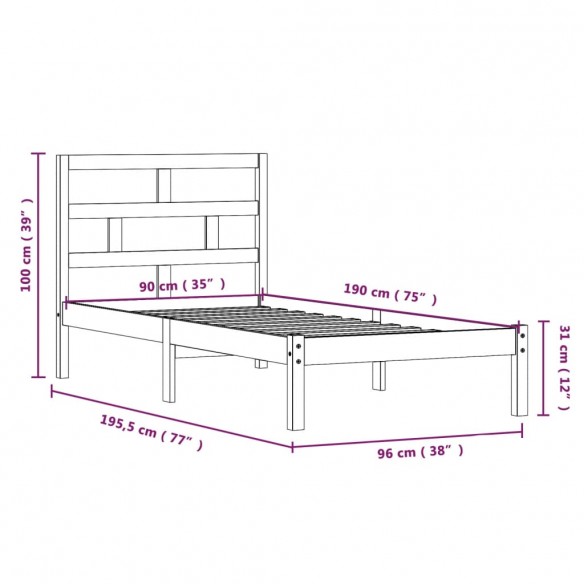 Cadre de lit Noir Bois massif 90x190 cm Simple