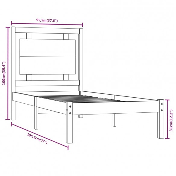 Cadre de lit bois massif 90x190 cm simple