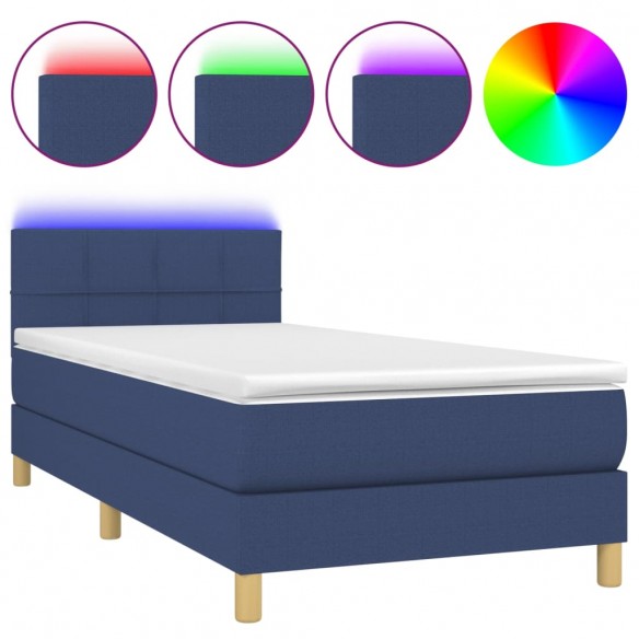 Cadre de lit avec matelas LED Bleu 100x200 cm Tissu