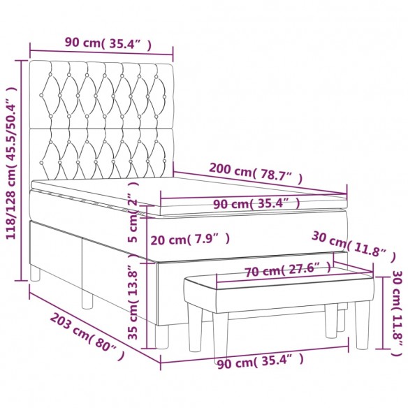 Cadre de lit avec matelas Gris foncé 90x200 cm Tissu