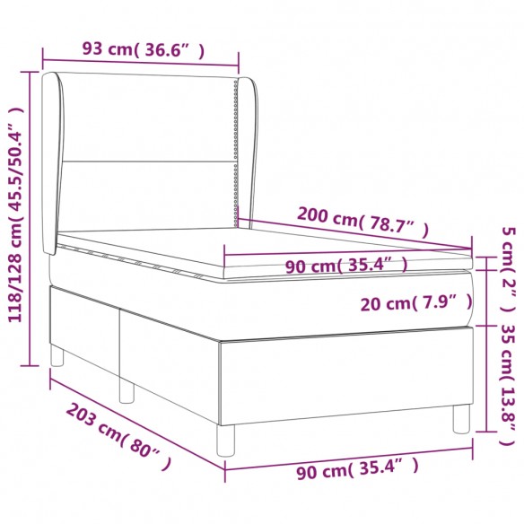 Cadre de lit avec matelas Gris foncé 90x200 cm Tissu