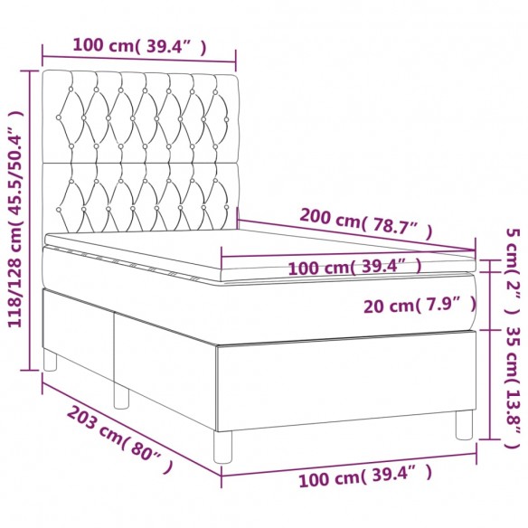 Cadre de lit et matelas et LED Gris clair 100x200 cm