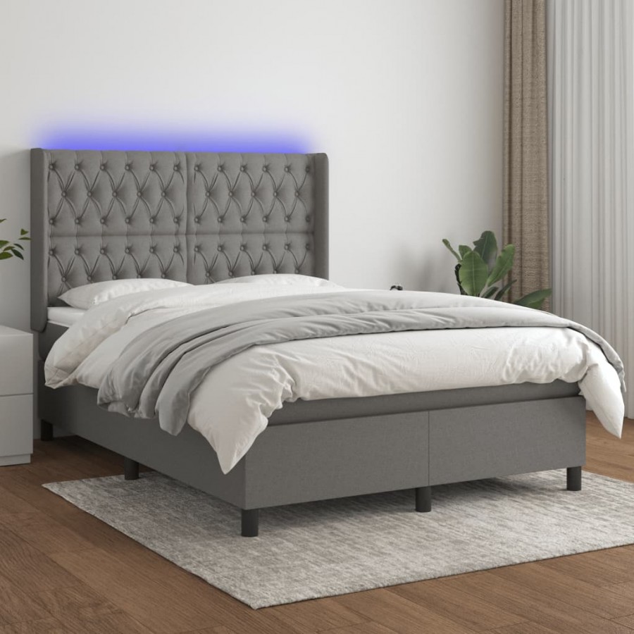 Cadre de lit matelas LED Gris foncé 140x190 cm Tissu