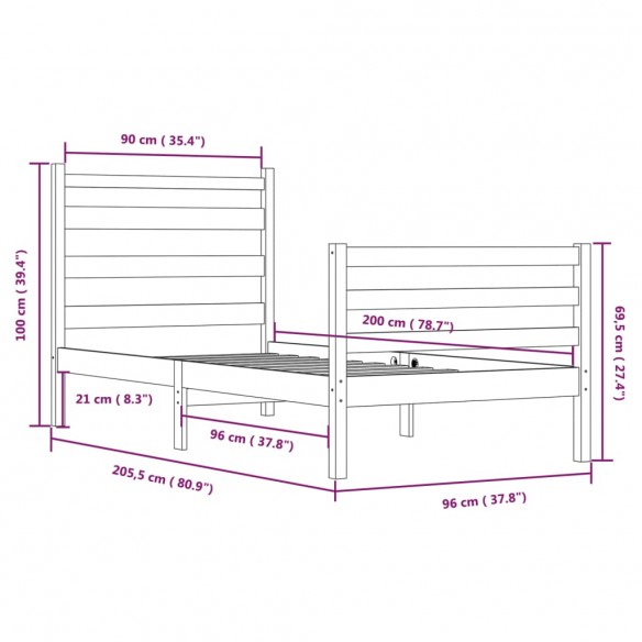 Cadre de lit Bois de pin massif 90x200 cm Blanc