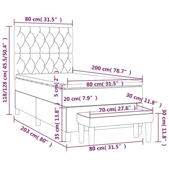 Cadre de lit avec matelas Gris foncé 80x200 cm Tissu