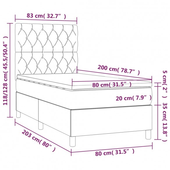 Cadre de lit avec matelas Gris foncé 80x200 cm Tissu