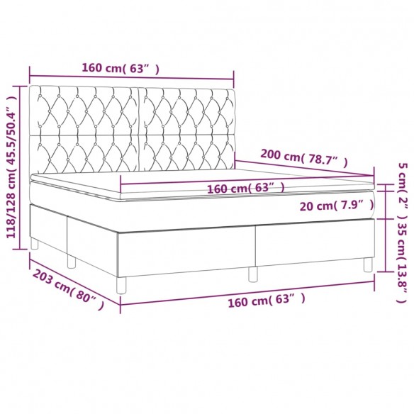 Cadre de lit et matelas et LED Gris foncé 160x200 cm