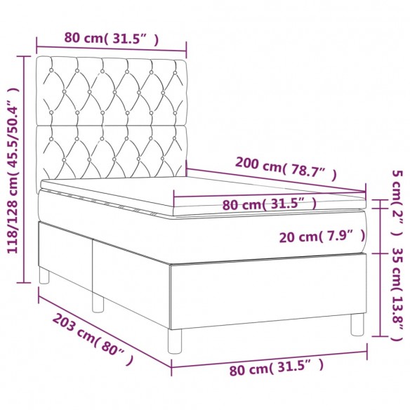 Cadre de lit avec matelas et LED Gris foncé 80x200cm