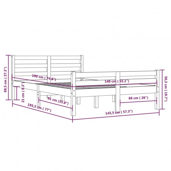 Cadre de lit Blanc Bois massif 140x190 cm