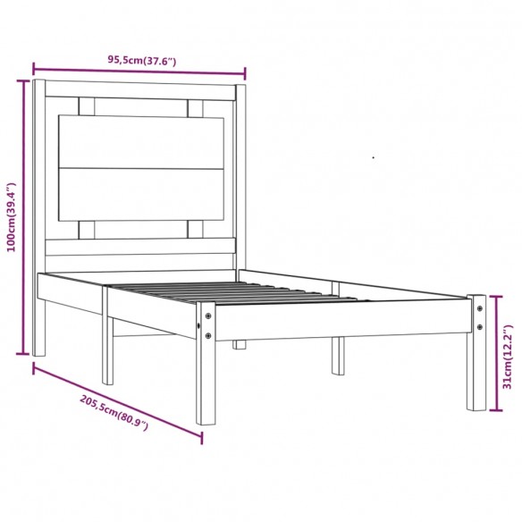 Cadre de lit Blanc Bois massif 90x200 cm