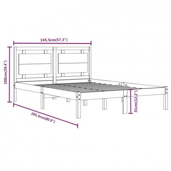 Cadre de lit Gris Bois massif 140x200 cm