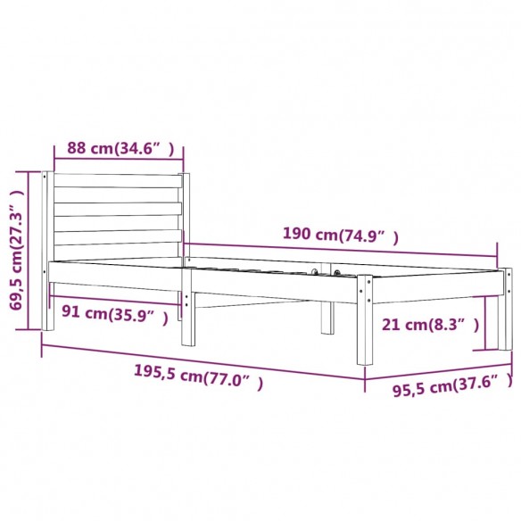 Cadre de lit bois de pin massif 90x190 cm simple