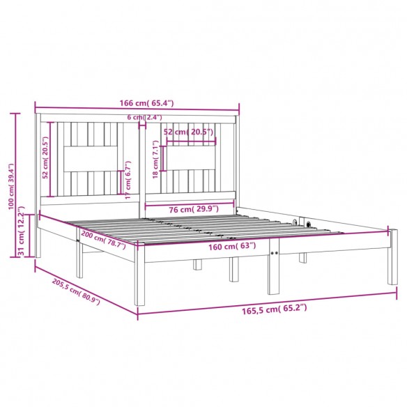 Cadre de lit Blanc Bois de pin massif 160x200 cm