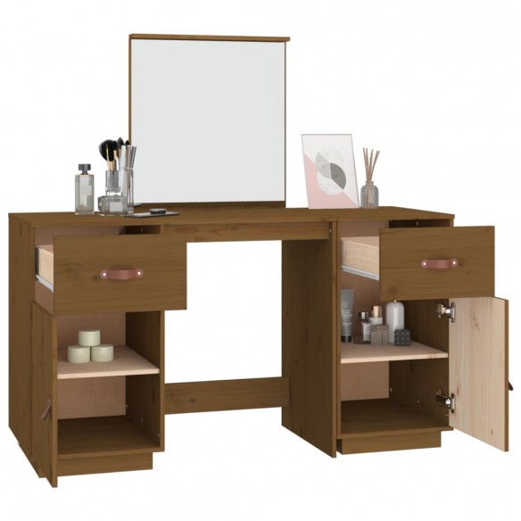 Ensemble de coiffeuse et miroir Marron miel Bois de pin solide