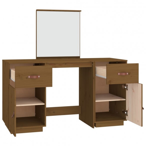 Ensemble de coiffeuse et miroir Marron miel Bois de pin solide