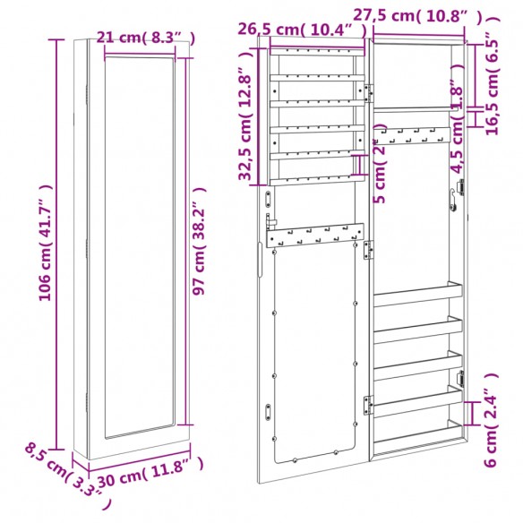 Armoire à bijoux avec miroir murale 30x8,5x106 cm