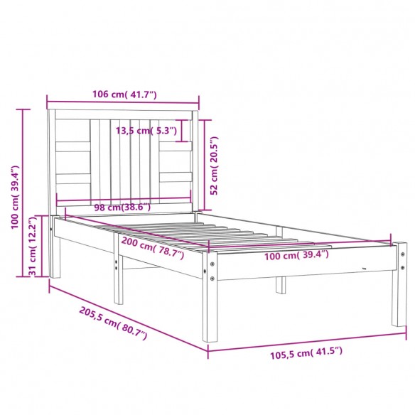 Cadre de lit Bois massif 100x200 cm