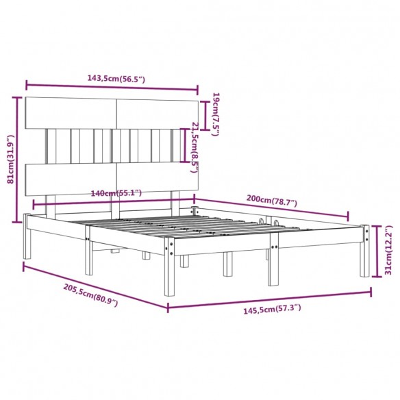 Cadre de lit Blanc Bois massif 140x200 cm