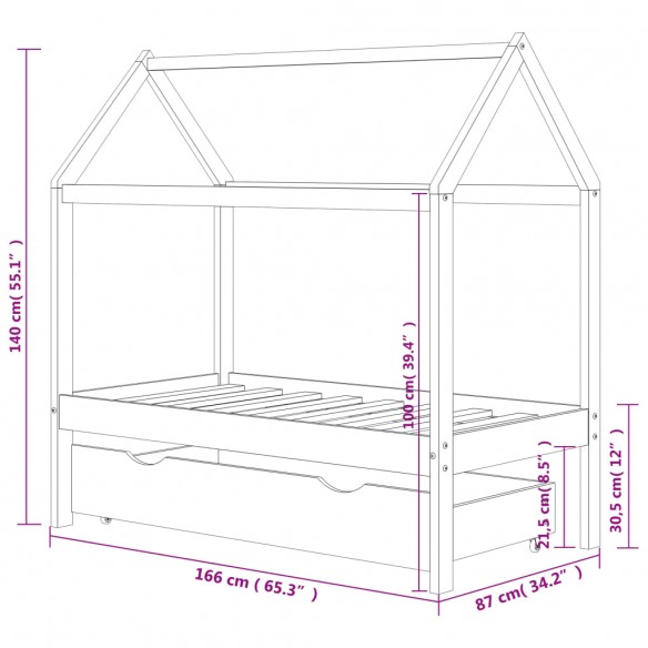 Cadre de lit pour enfant et un tiroir bois pin massif 80x160 cm