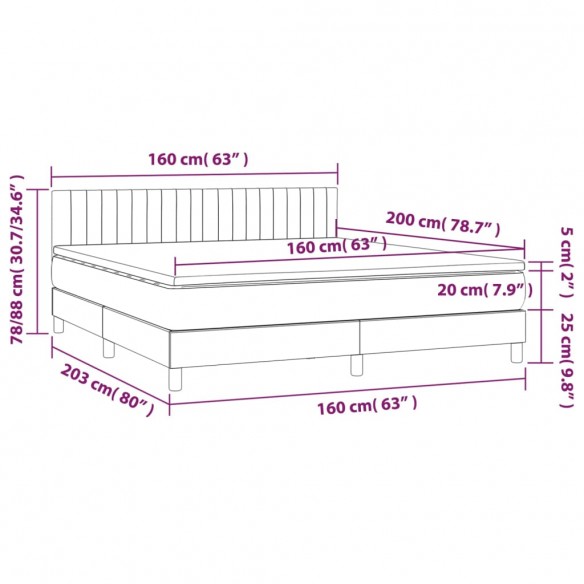 Cadre de lit avec matelas LED Noir 160x200 cm Tissu