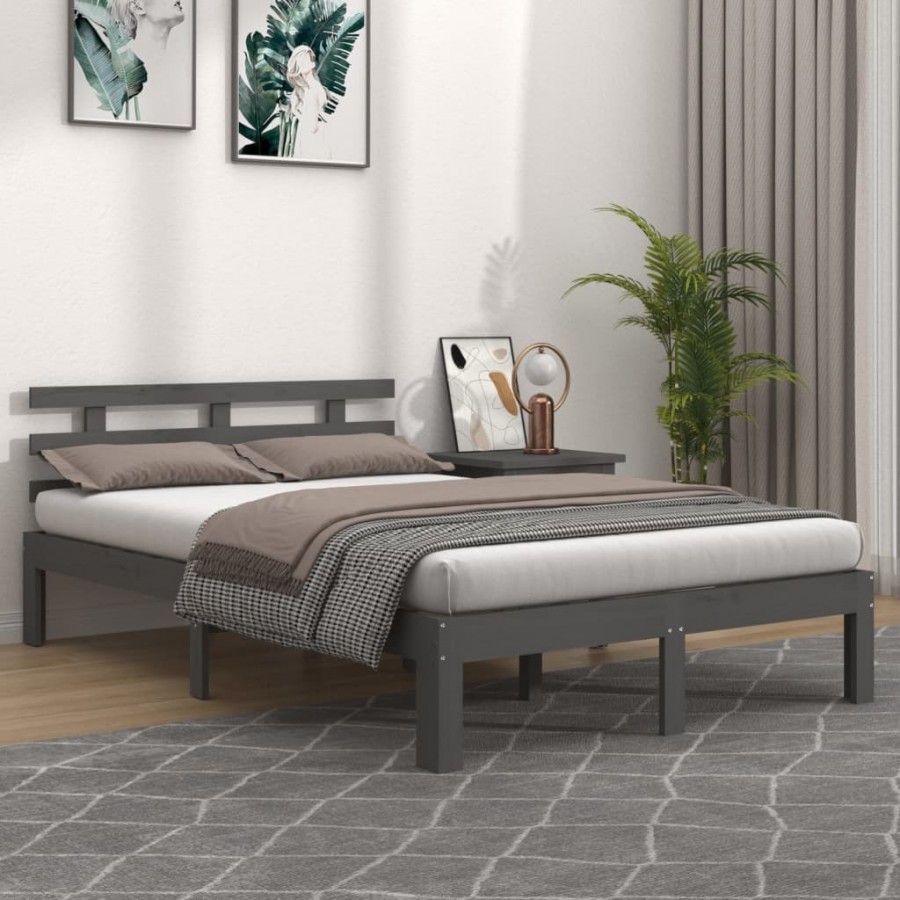 Cadre de lit Gris Bois massif 135x190 cm Double