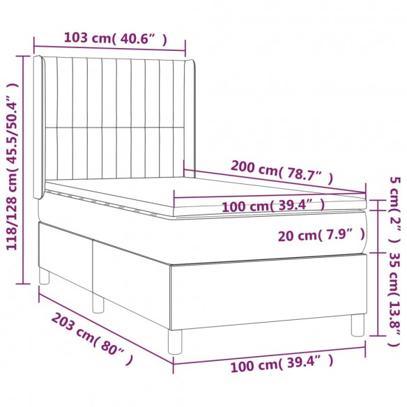 Cadre de lit avec matelas Noir 100x200 cm Velours