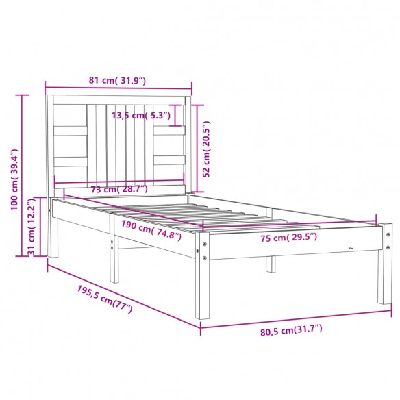 Cadre de lit Noir Bois massif 75x190 cm Petit simple