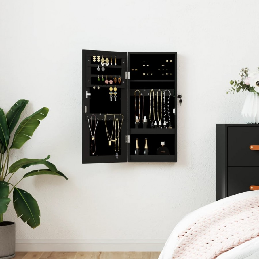 Armoire à bijoux avec miroir murale noir 30x8,5x67 cm