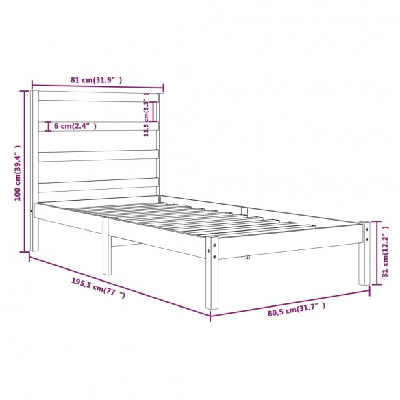 Cadre de lit Noir Bois massif 75x190 cm Petit simple