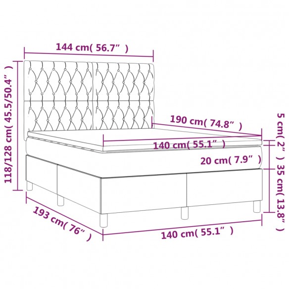 Cadre de lit et matelas et LED Gris clair 140x190 cm