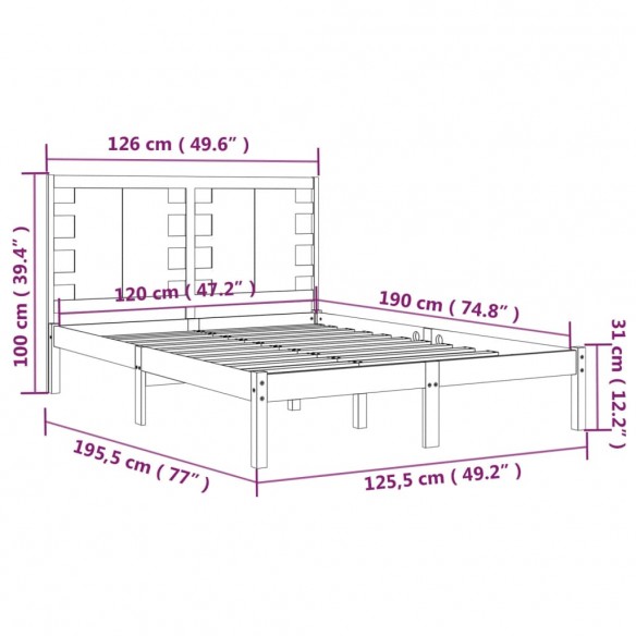 Cadre de lit Noir Bois massif 120x190 cm Petit Double