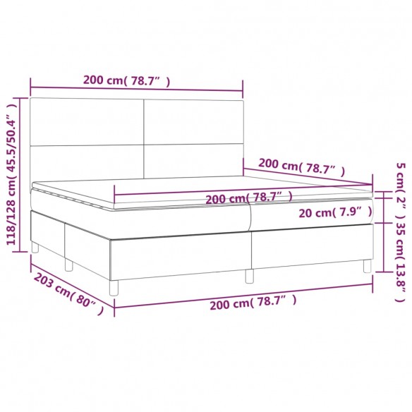 Cadre de lit et matelas et LED Gris clair 200x200 cm