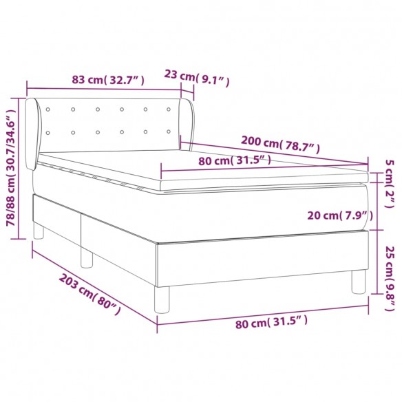 Cadre de lit avec matelas Gris clair 80x200 cm Tissu