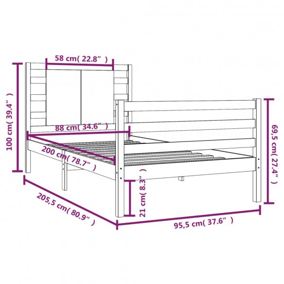 Cadre de lit Bois de pin massif 90x200 cm