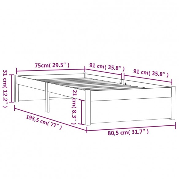 Cadre de lit Noir Bois massif 75x190 cm Petit simple