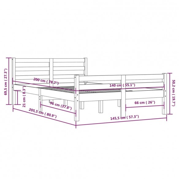 Cadre de lit Gris Bois massif 140x200 cm