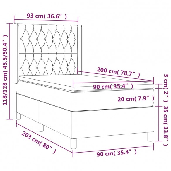 Cadre de lit avec matelas Gris clair 90x200 cm Tissu