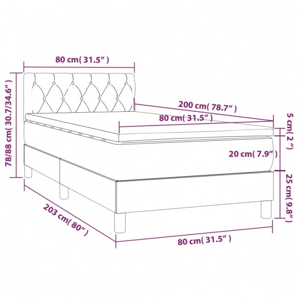 Cadre de lit avec matelas Gris foncé 80x200 cm Tissu