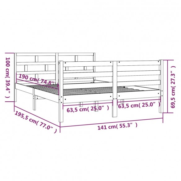 Cadre de lit Gris Bois massif 135x190 cm Double