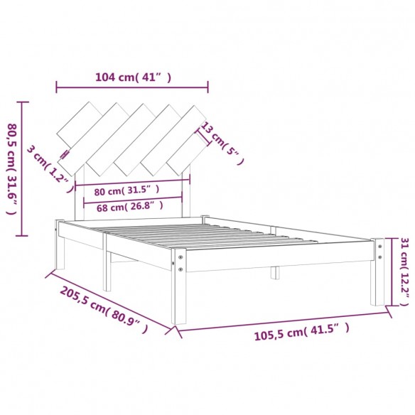 Cadre de lit Gris 100x200 cm Bois massif