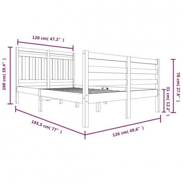 Cadre de lit Bois massif 120x190 cm Petit Double