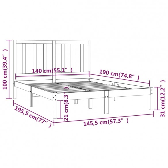 Cadre de lit Gris Bois de pin massif 140x190 cm