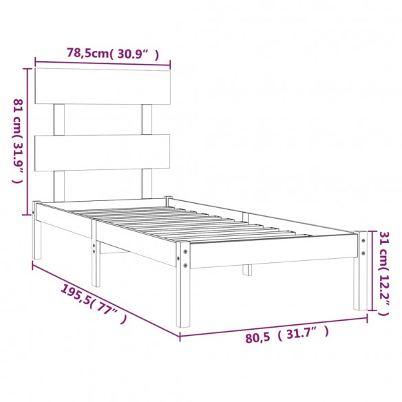 Cadre de lit Noir Bois massif 75x190 cm Petit simple