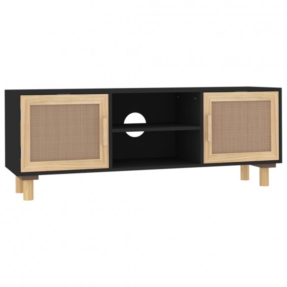 Meuble TV Noir 105x30x40cm Bois de pin massif et rotin naturel