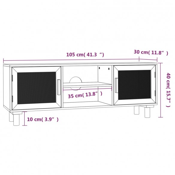 Meuble TV Noir 105x30x40cm Bois de pin massif et rotin naturel